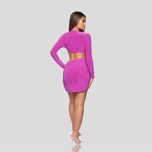 Fashion Nova Violet Slinky Cut Out V-Neck Criss Cross Long Sleeve Mini Dress - Picture 5 of 7